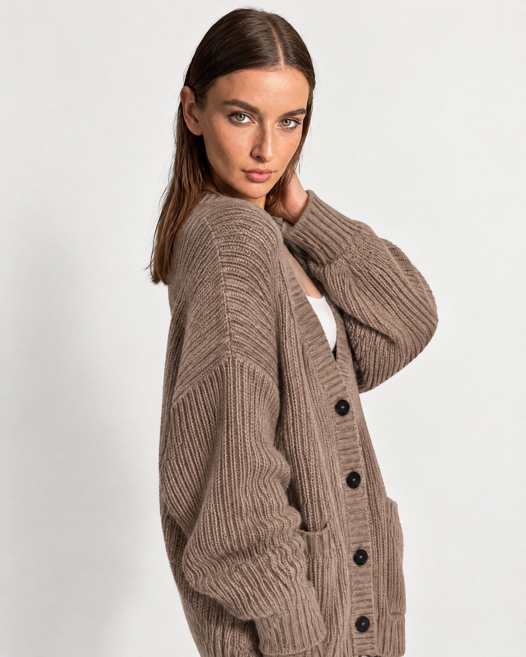 Beige Oversized Cardigan Chunky Ribbed Knit with Buttons and Pockets