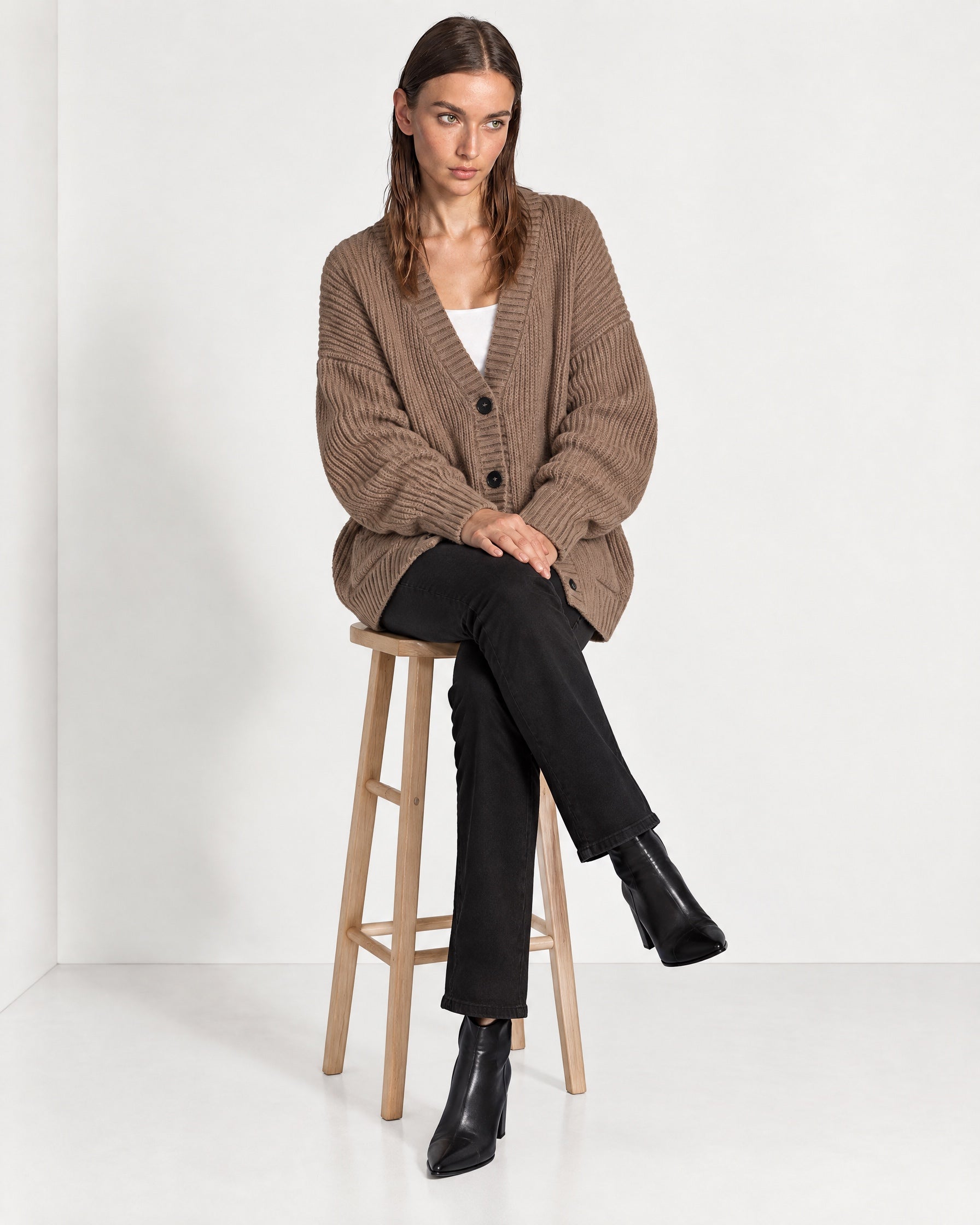 Beige Oversized Cardigan Chunky Ribbed Knit with Buttons and Pockets