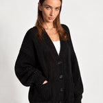Black Oversized Cardigan Chunky Ribbed Knit with Buttons and Pockets