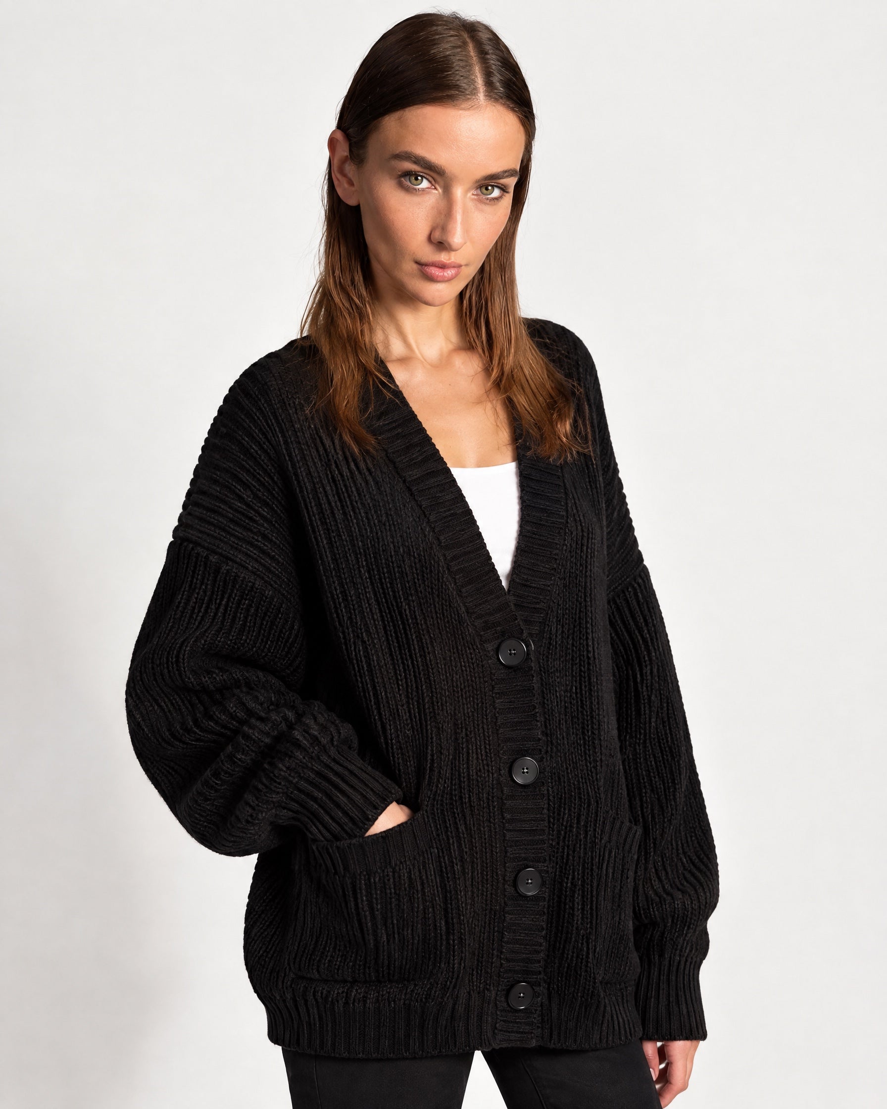 Black Oversized Cardigan Chunky Ribbed Knit with Buttons and Pockets