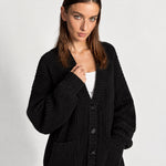 Black Oversized Cardigan Chunky Ribbed Knit with Buttons and Pockets