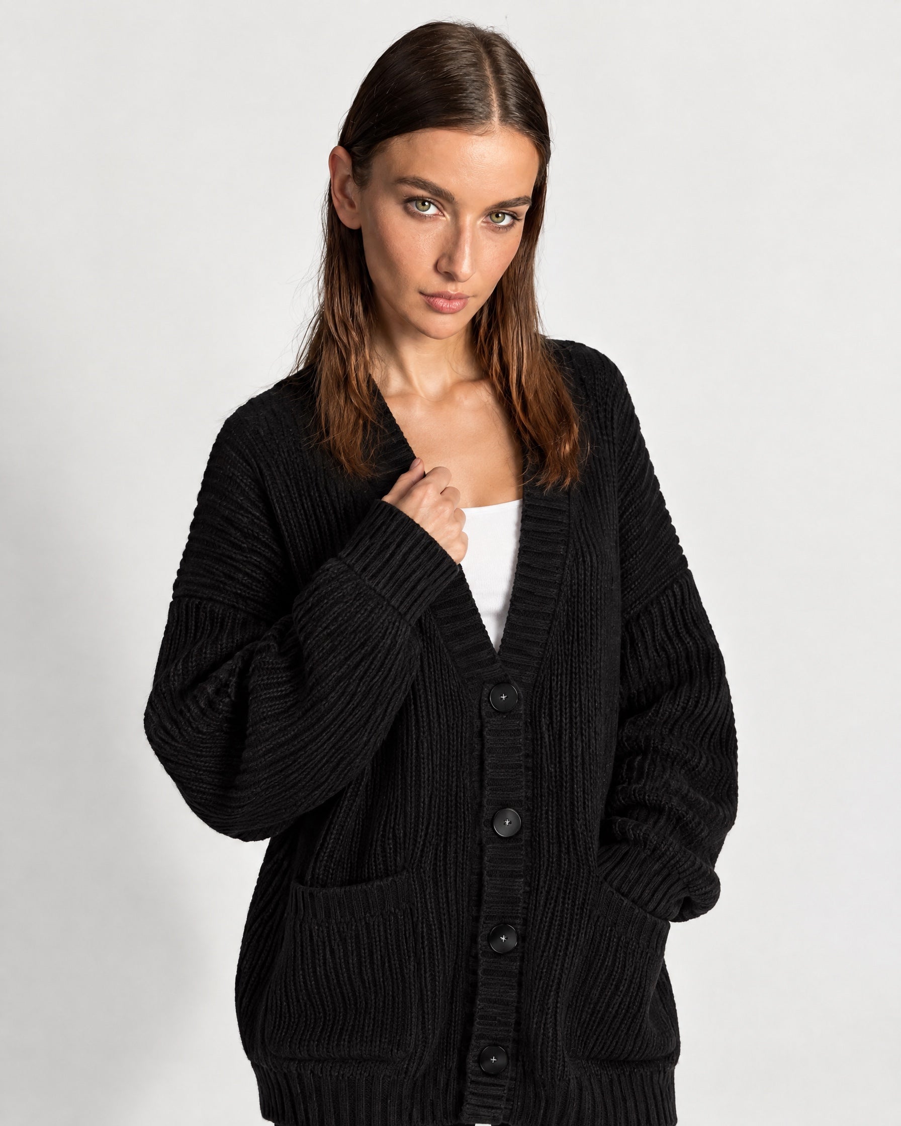 Black Oversized Cardigan Chunky Ribbed Knit with Buttons and Pockets