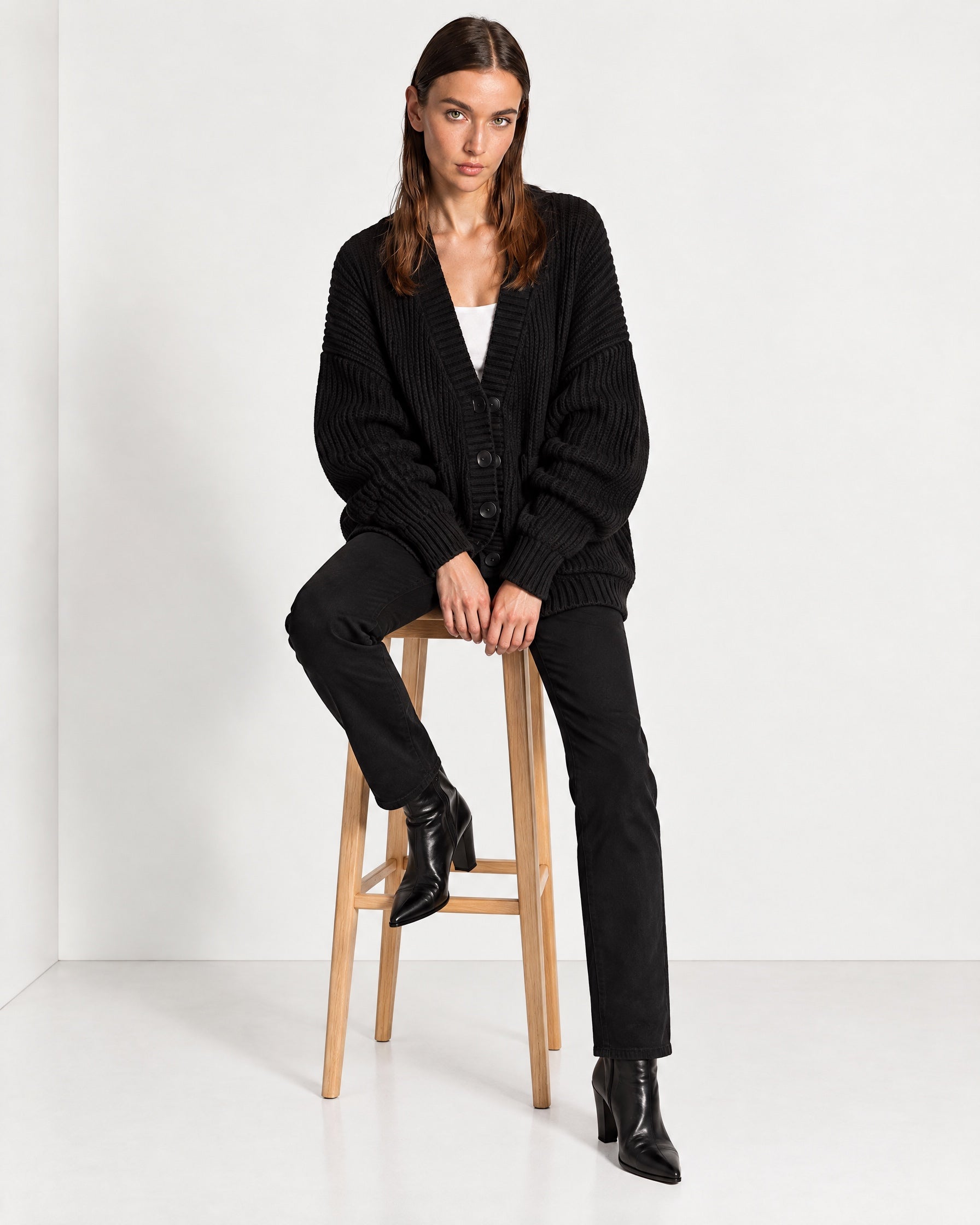 Black Oversized Cardigan Chunky Ribbed Knit with Buttons and Pockets