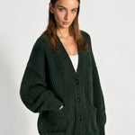 Forest Green Oversized Cardigan Chunky Ribbed Knit with Buttons and Pockets