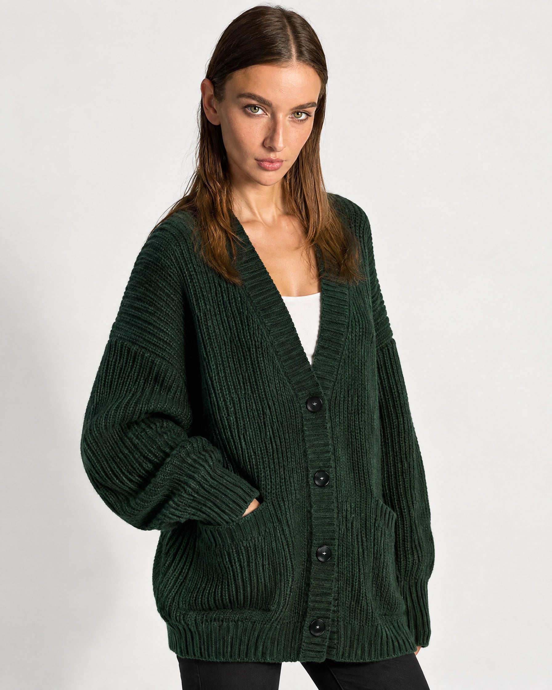 Forest Green Oversized Cardigan Chunky Ribbed Knit with Buttons and Pockets