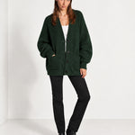 Forest Green Oversized Cardigan Chunky Ribbed Knit with Buttons and Pockets