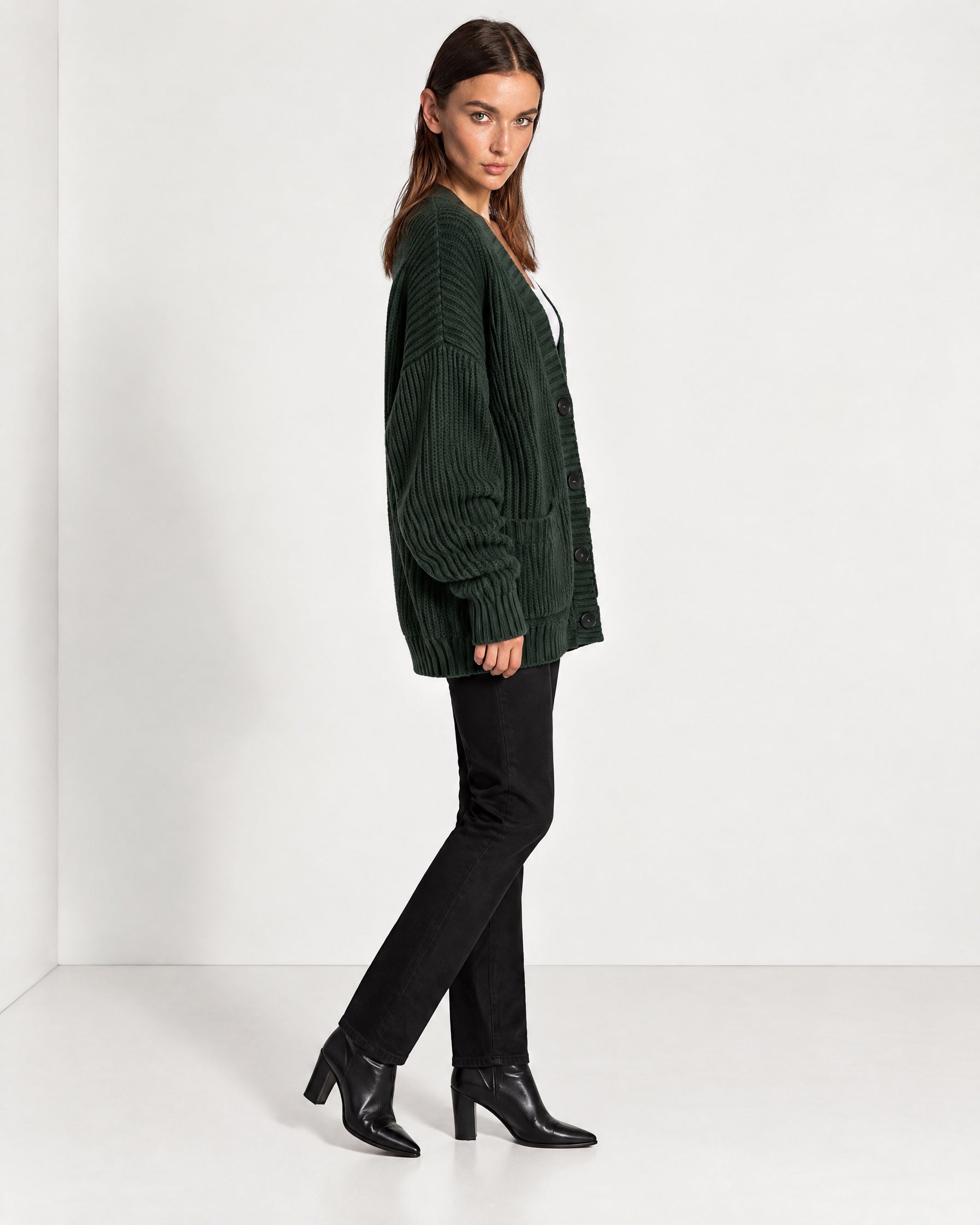 Forest Green Oversized Cardigan Chunky Ribbed Knit with Buttons and Pockets