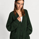 Forest Green Oversized Cardigan Chunky Ribbed Knit with Buttons and Pockets