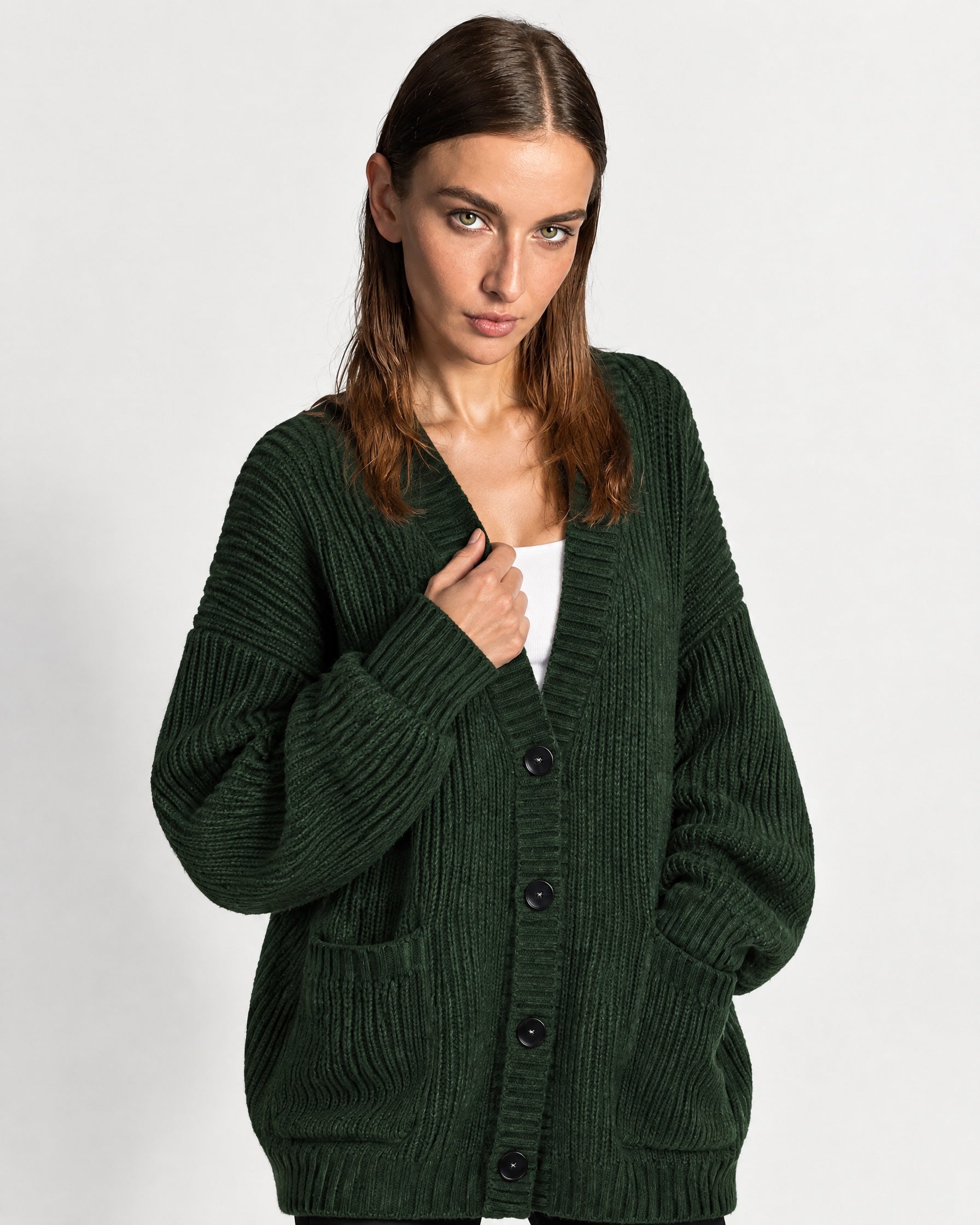 Forest Green Oversized Cardigan Chunky Ribbed Knit with Buttons and Pockets