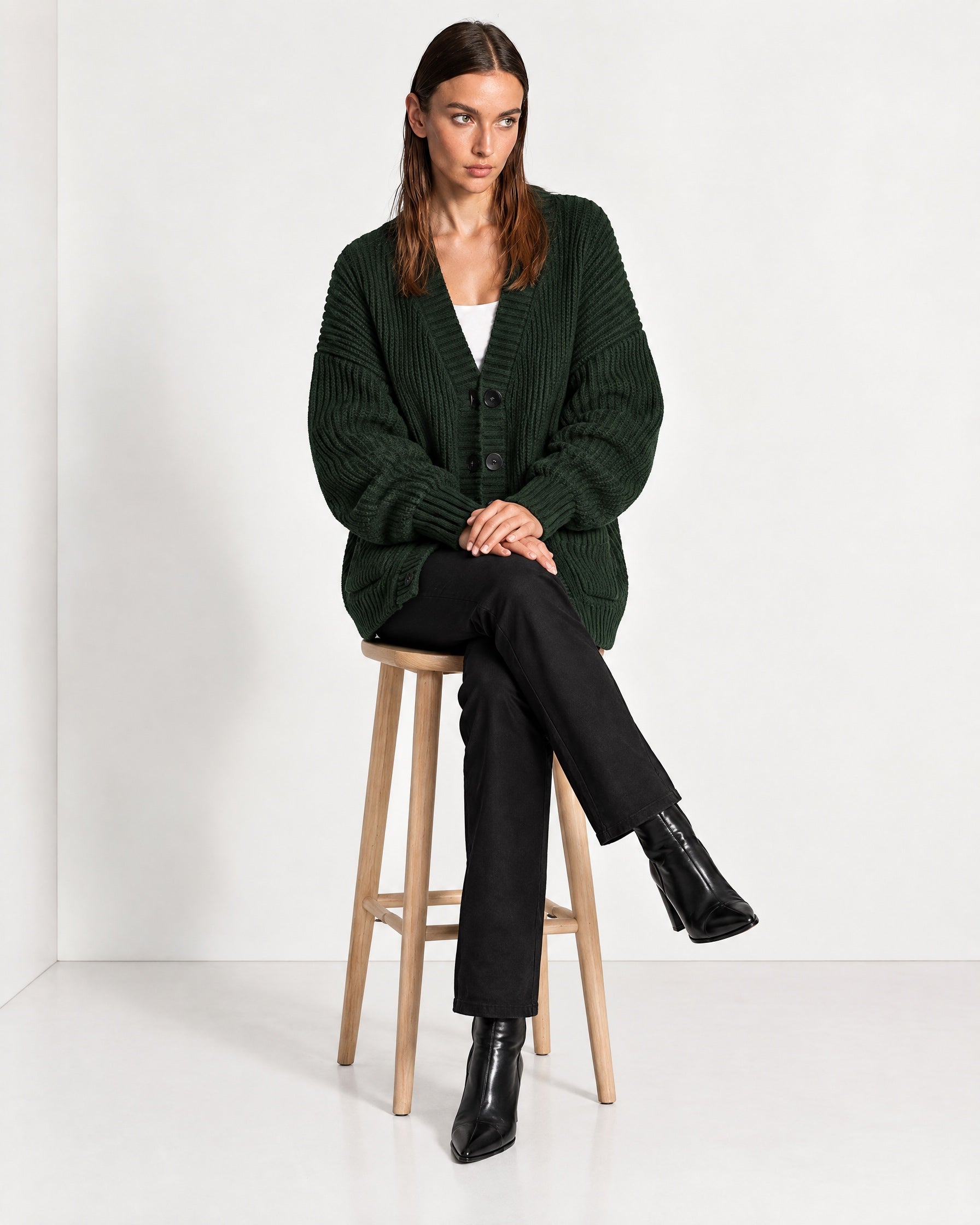 Forest Green Oversized Cardigan Chunky Ribbed Knit with Buttons and Pockets