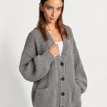 Grey Oversized Cardigan Chunky Ribbed Knit with Buttons and Pockets