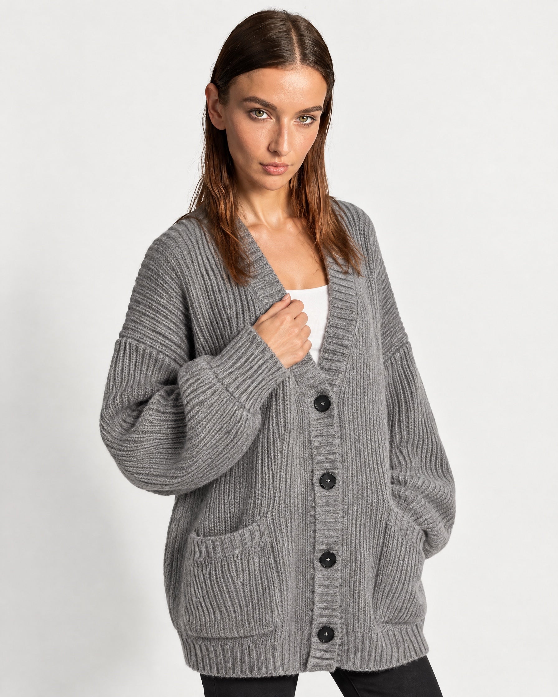 Grey Oversized Cardigan Chunky Ribbed Knit with Buttons and Pockets