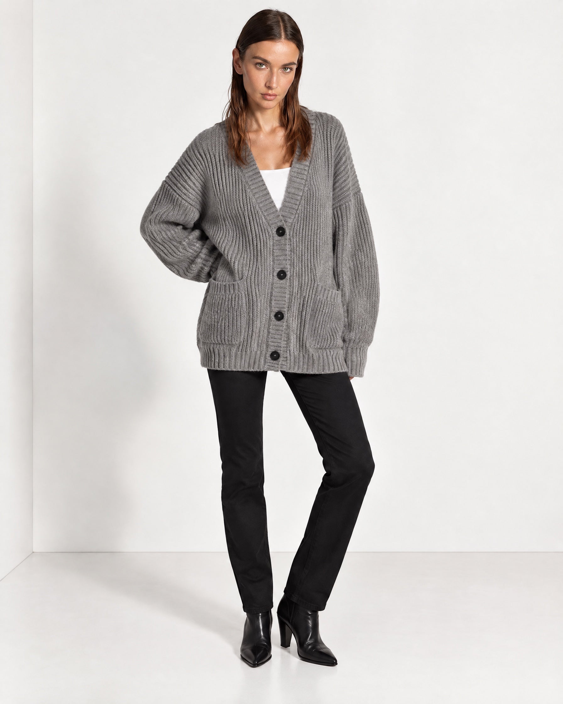 Grey Oversized Cardigan Chunky Ribbed Knit with Buttons and Pockets