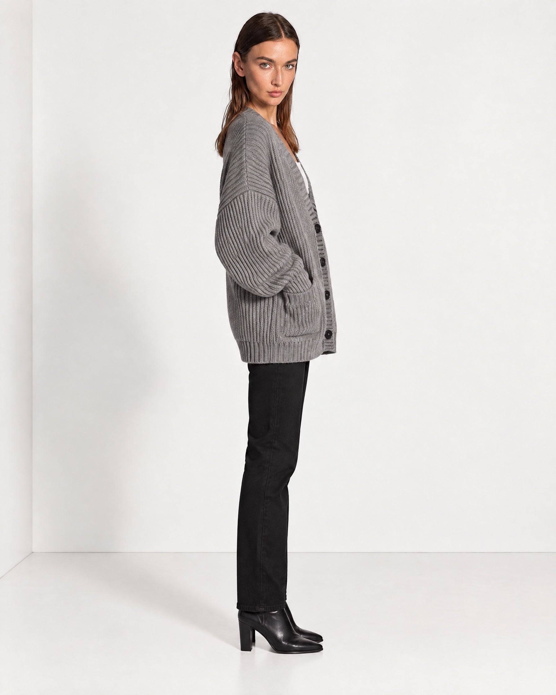 Grey Oversized Cardigan Chunky Ribbed Knit with Buttons and Pockets