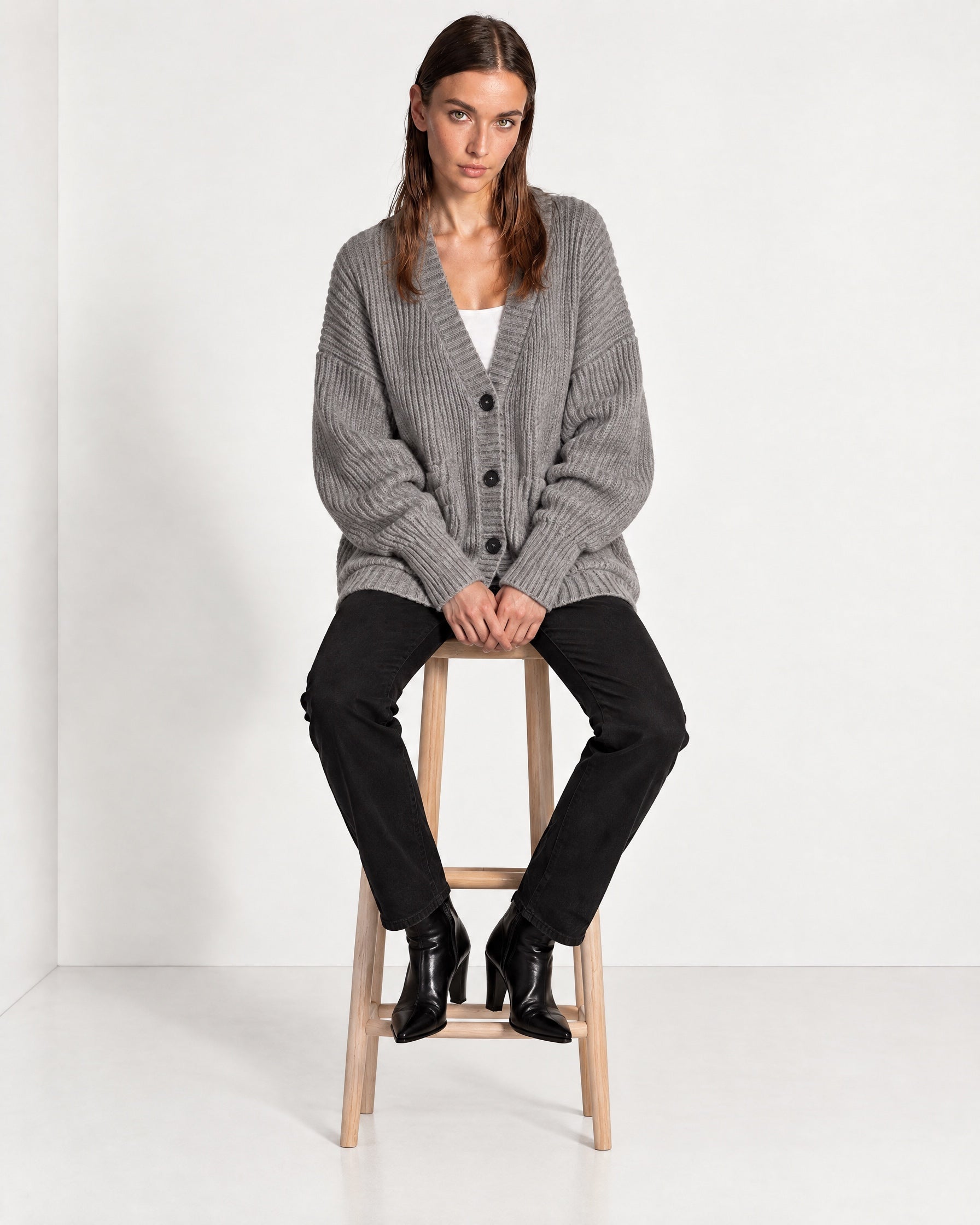 Grey Oversized Cardigan Chunky Ribbed Knit with Buttons and Pockets