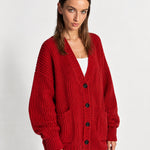 Red Oversized Cardigan Chunky Ribbed Knit with Buttons and Pockets