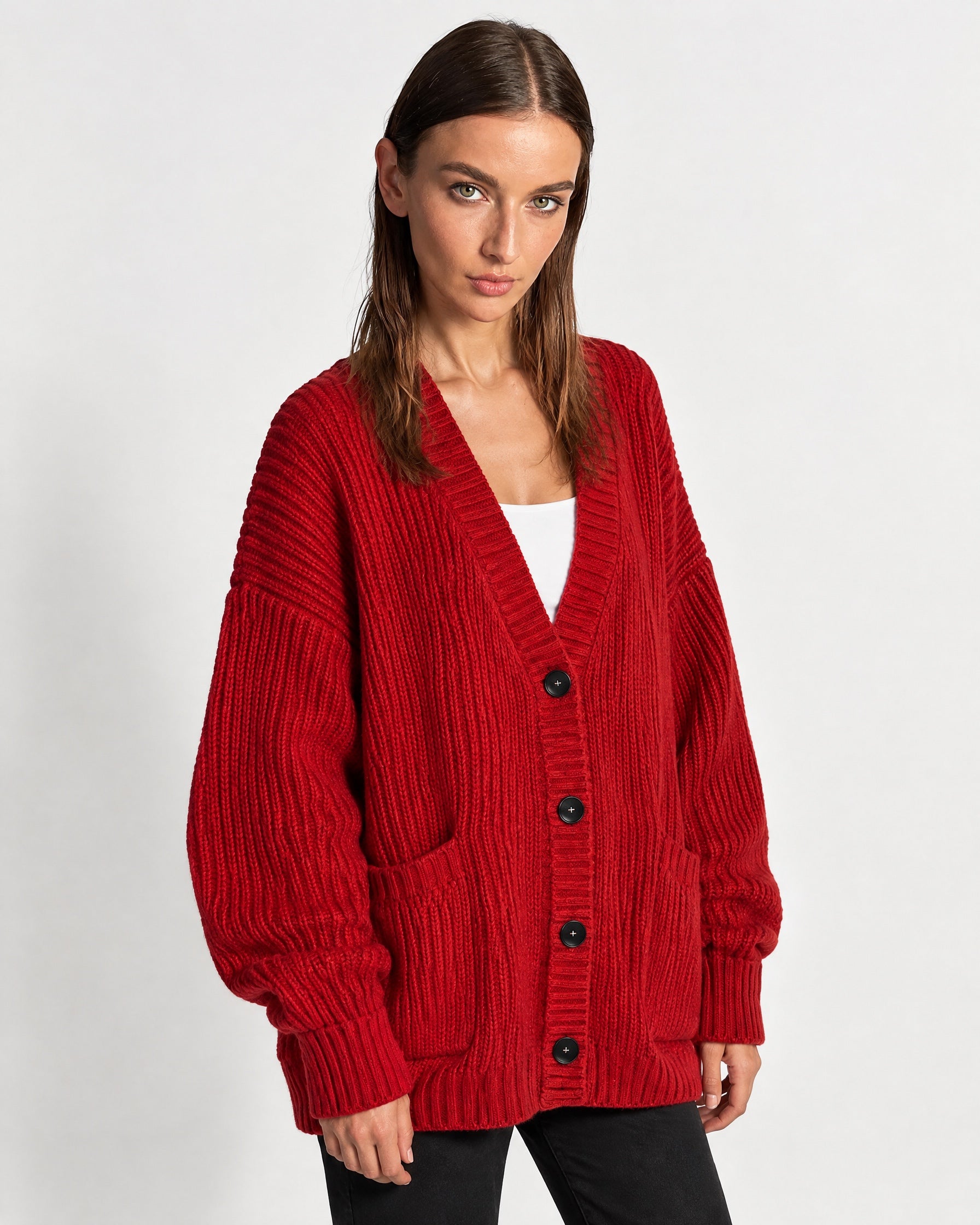Red Oversized Cardigan Chunky Ribbed Knit with Buttons and Pockets