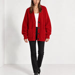 Red Oversized Cardigan Chunky Ribbed Knit with Buttons and Pockets