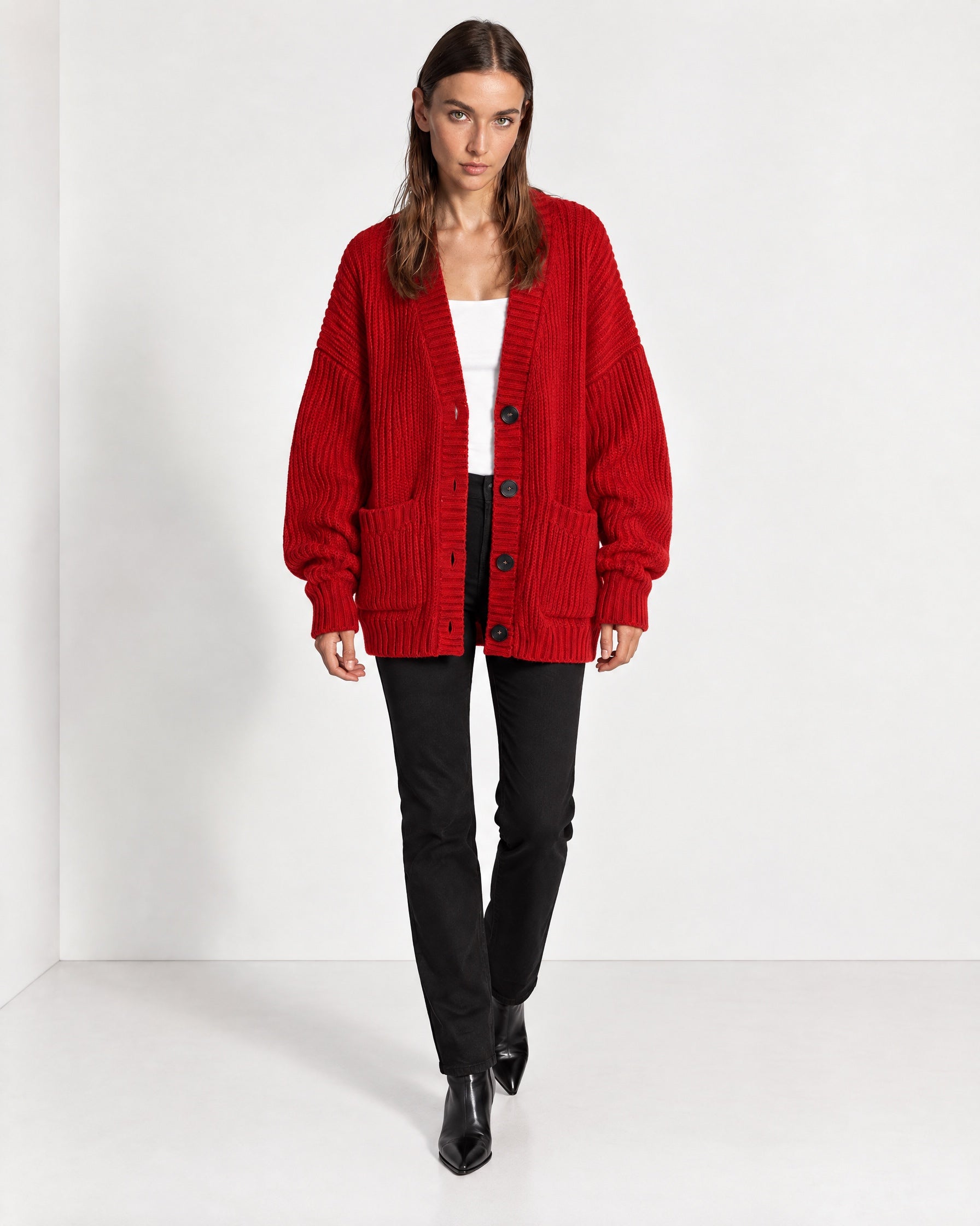 Red Oversized Cardigan Chunky Ribbed Knit with Buttons and Pockets
