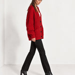 Red Oversized Cardigan Chunky Ribbed Knit with Buttons and Pockets
