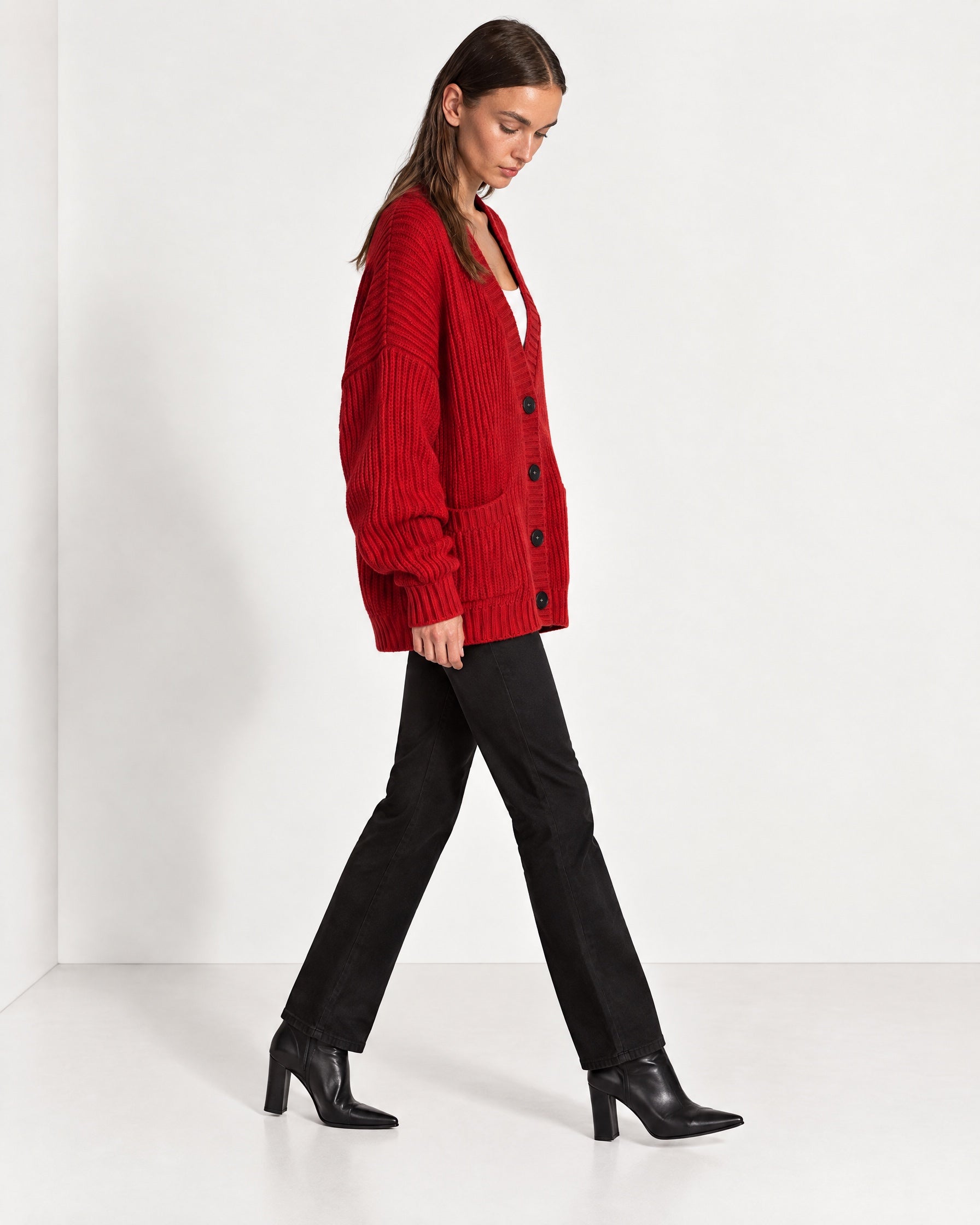 Red Oversized Cardigan Chunky Ribbed Knit with Buttons and Pockets