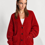 Red Oversized Cardigan Chunky Ribbed Knit with Buttons and Pockets