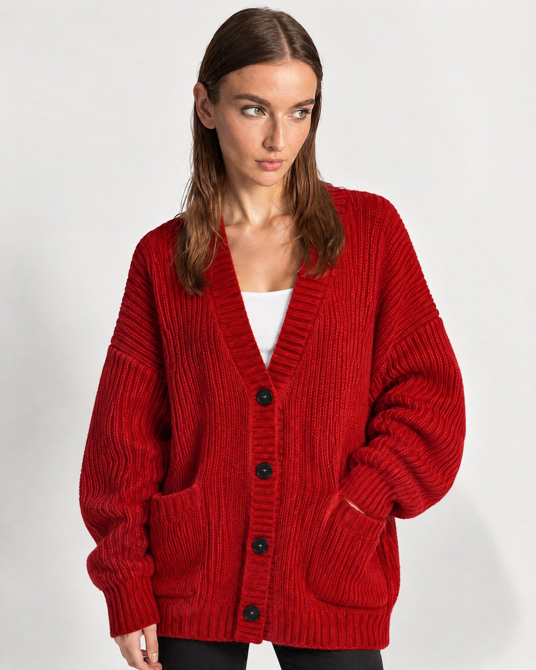 Red Oversized Cardigan Chunky Ribbed Knit with Buttons and Pockets