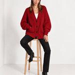 Red Oversized Cardigan Chunky Ribbed Knit with Buttons and Pockets