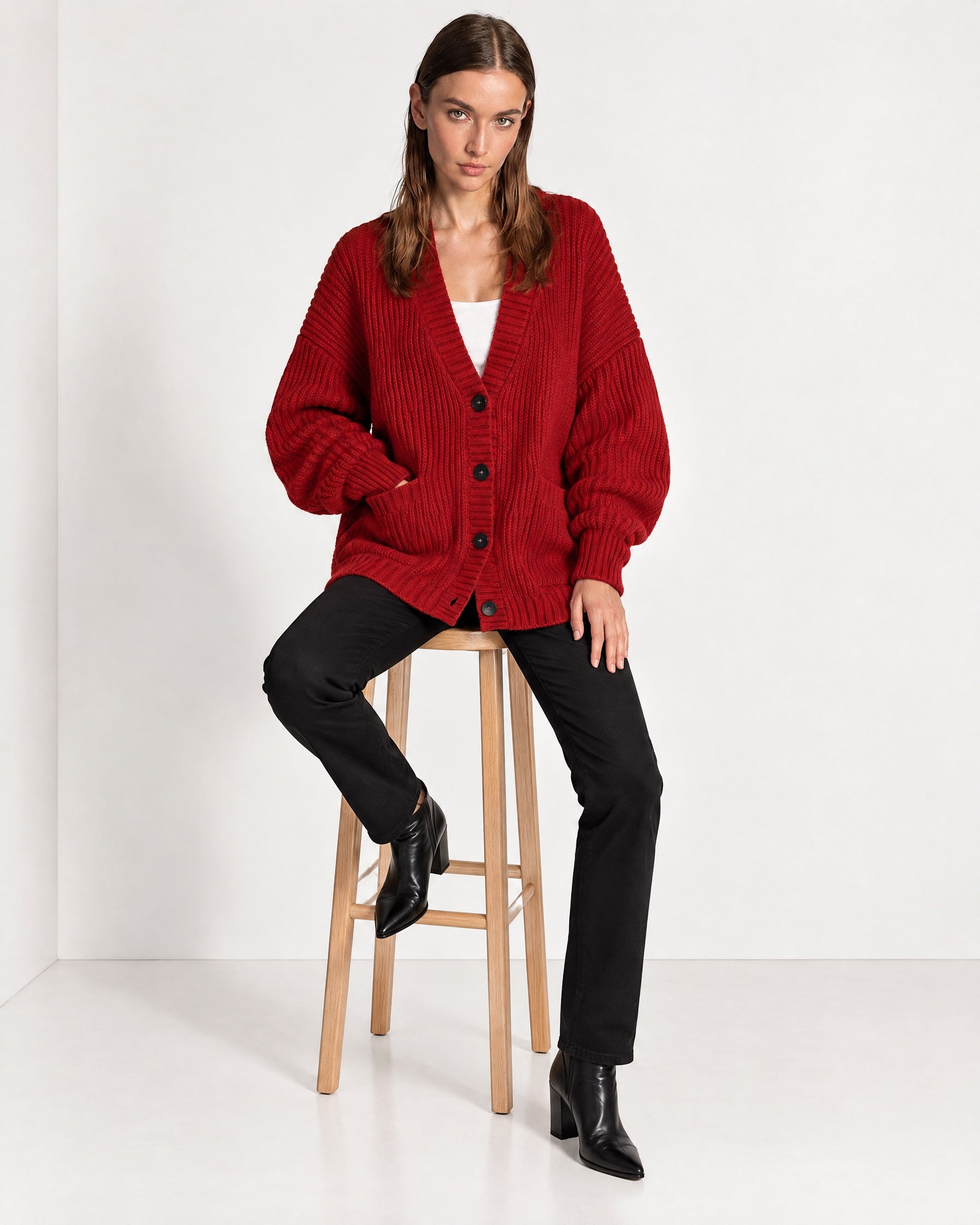 Red Oversized Cardigan Chunky Ribbed Knit with Buttons and Pockets