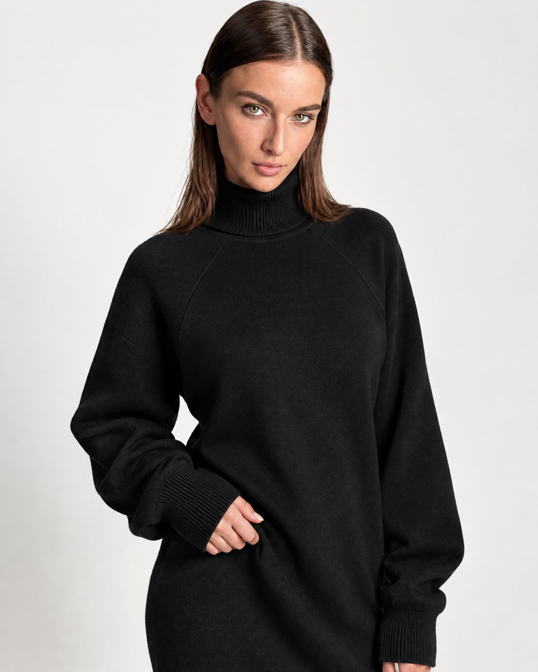 Black Sweater Dress Oversized Turtleneck Knitted Jumper Dress for Winter