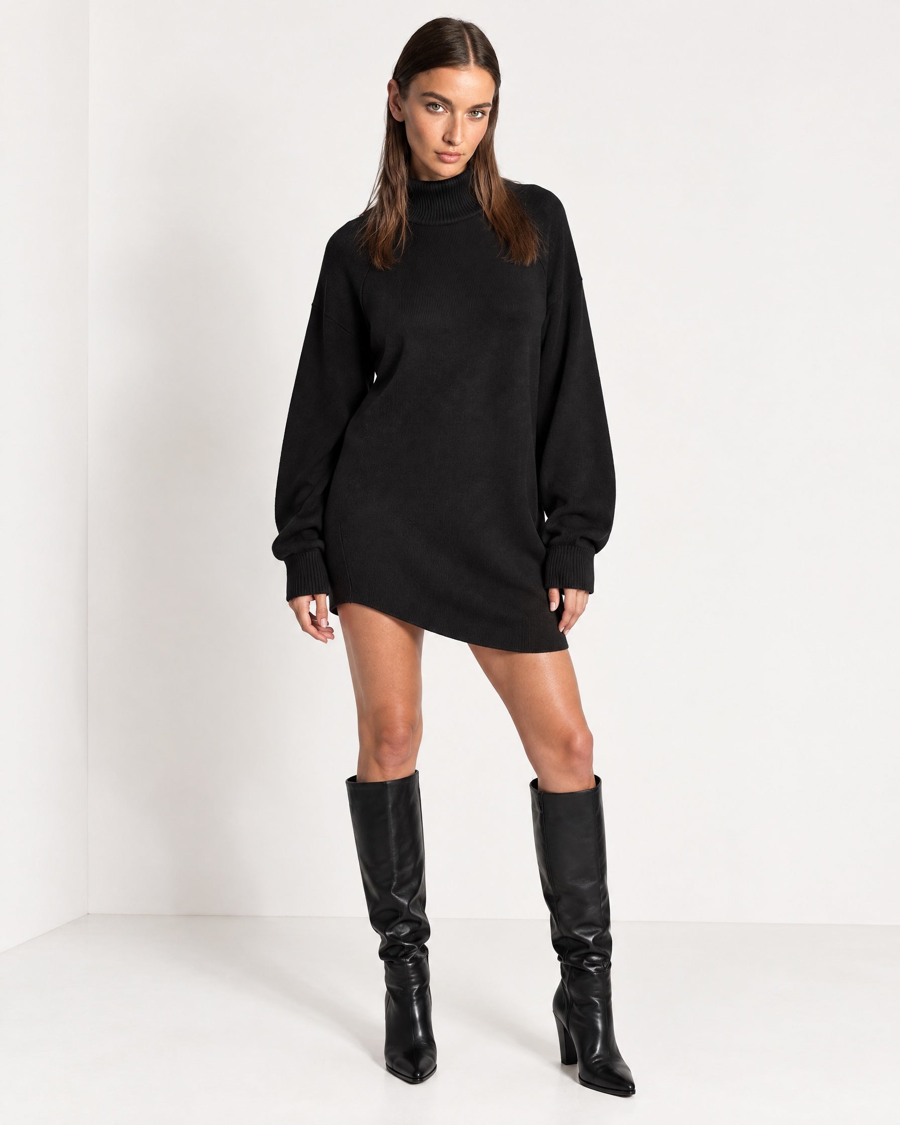 Black Sweater Dress Oversized Turtleneck Knitted Jumper Dress for Winter