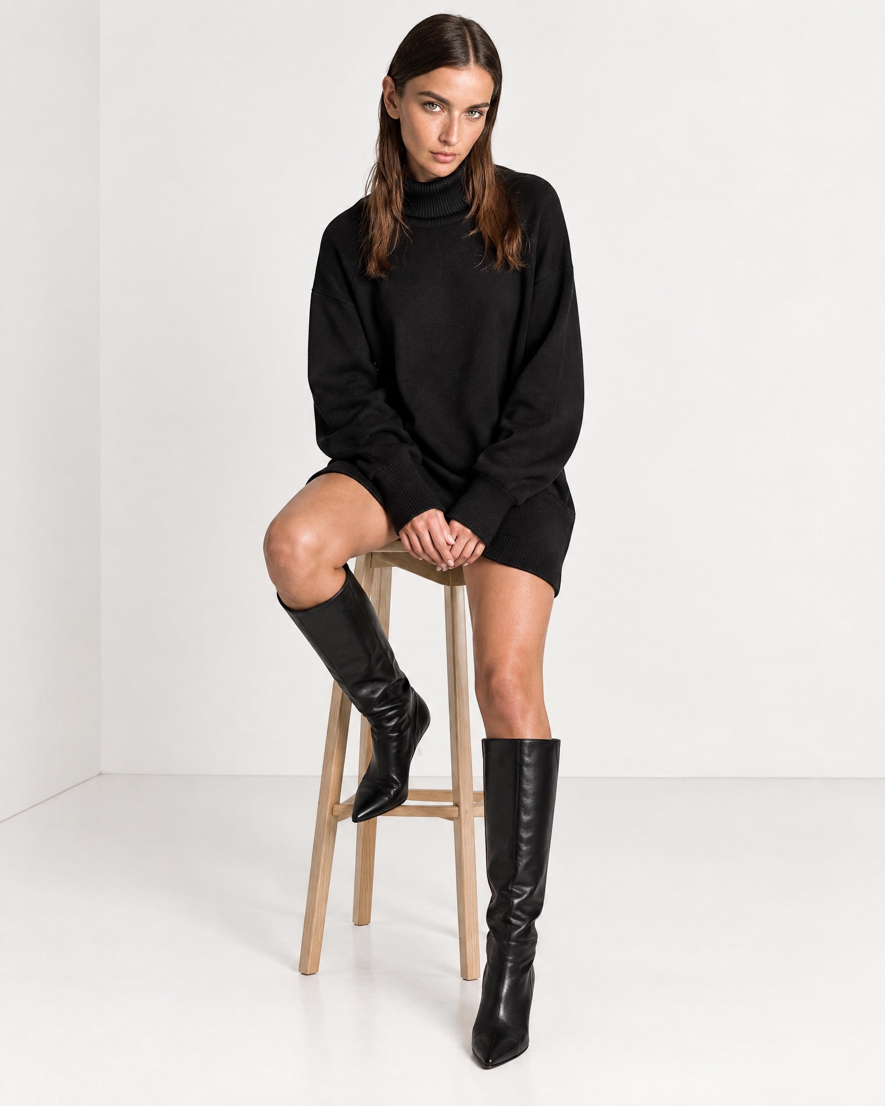 Black Sweater Dress Oversized Turtleneck Knitted Jumper Dress for Winter