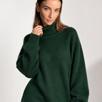 Forest Green Sweater Dress Oversized Turtleneck Knitted Jumper Dress for Winter