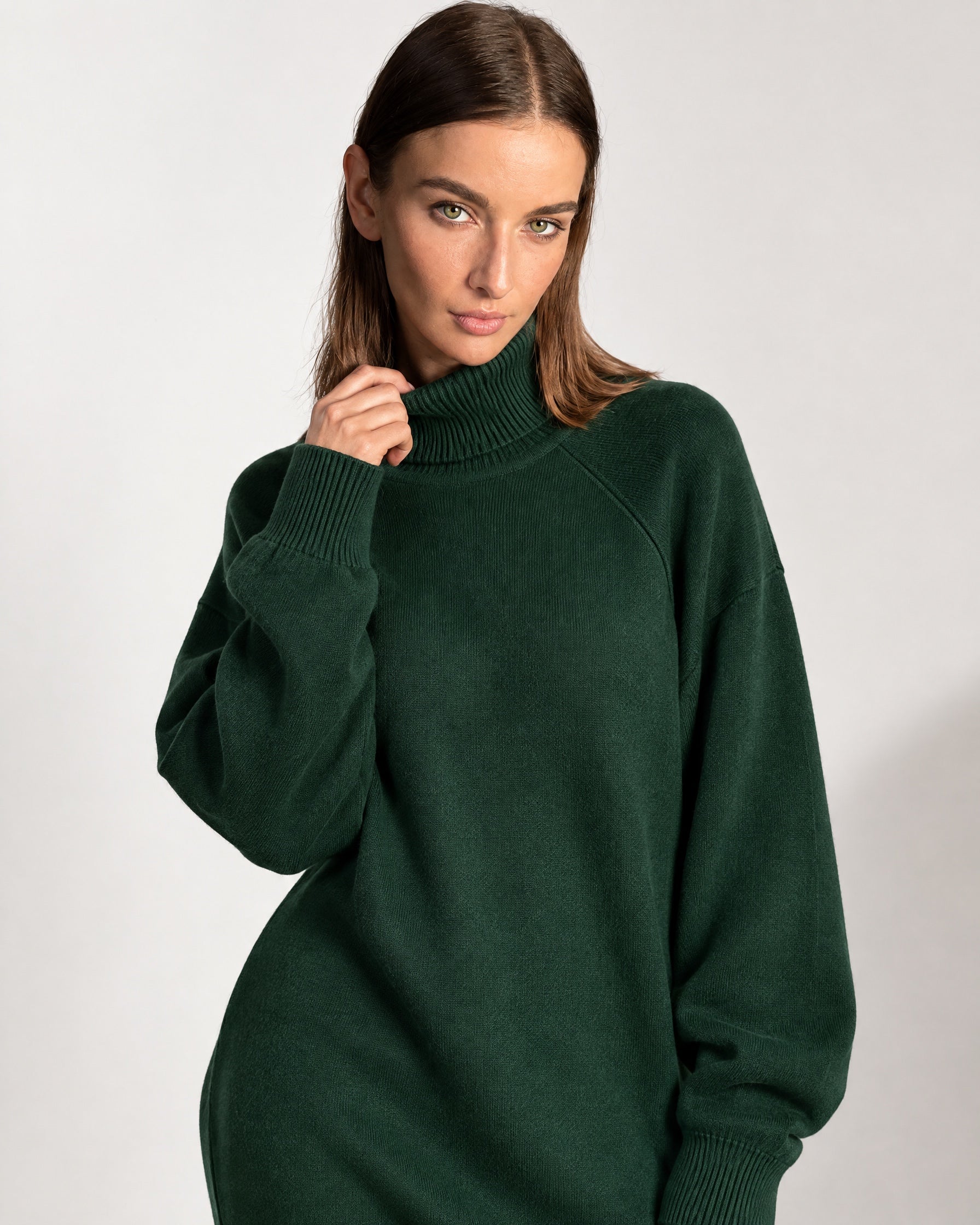 Forest Green Sweater Dress Oversized Turtleneck Knitted Jumper Dress for Winter