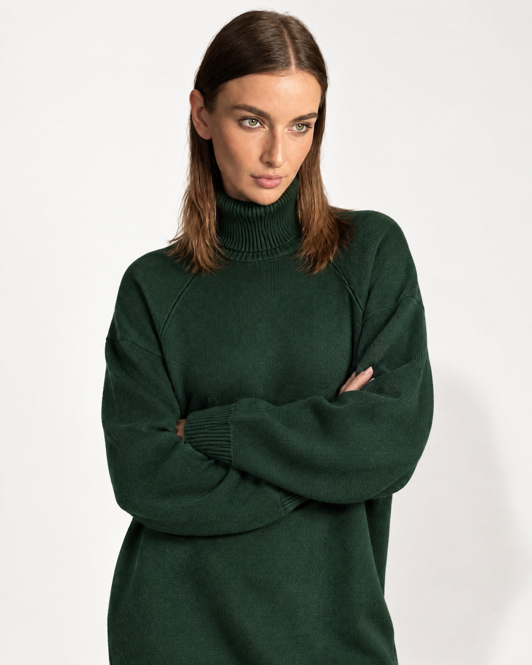 Forest Green Sweater Dress Oversized Turtleneck Knitted Jumper Dress for Winter