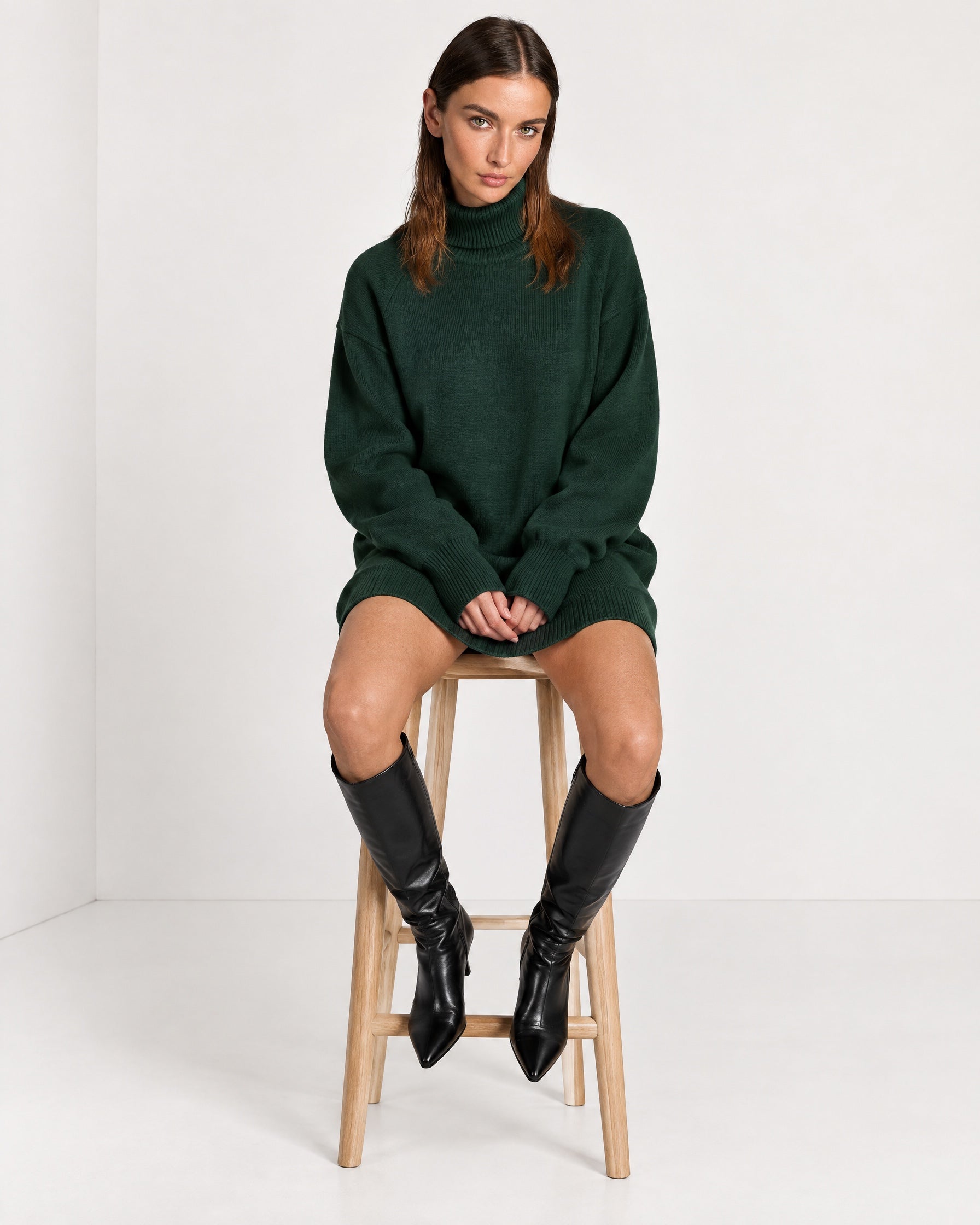 Forest Green Sweater Dress Oversized Turtleneck Knitted Jumper Dress for Winter