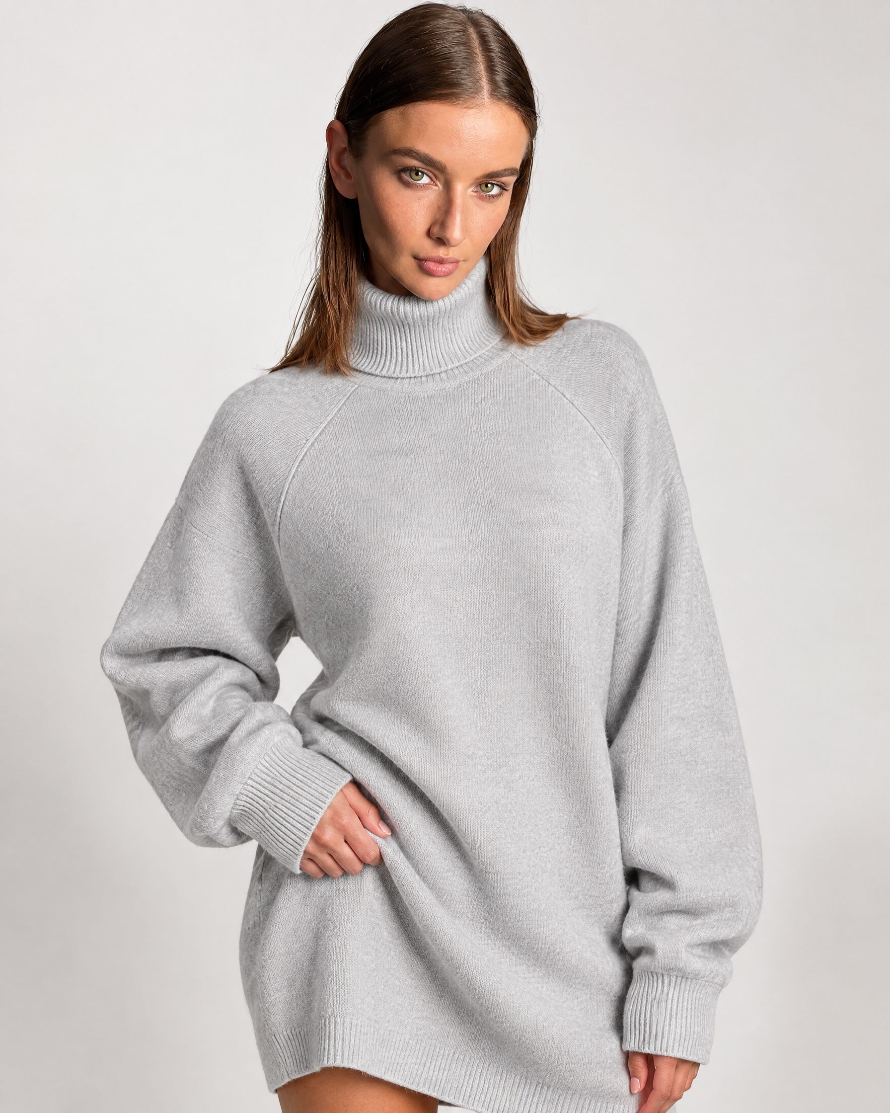 Grey Sweater Dress Oversized Turtleneck Knitted Jumper Dress for Winter