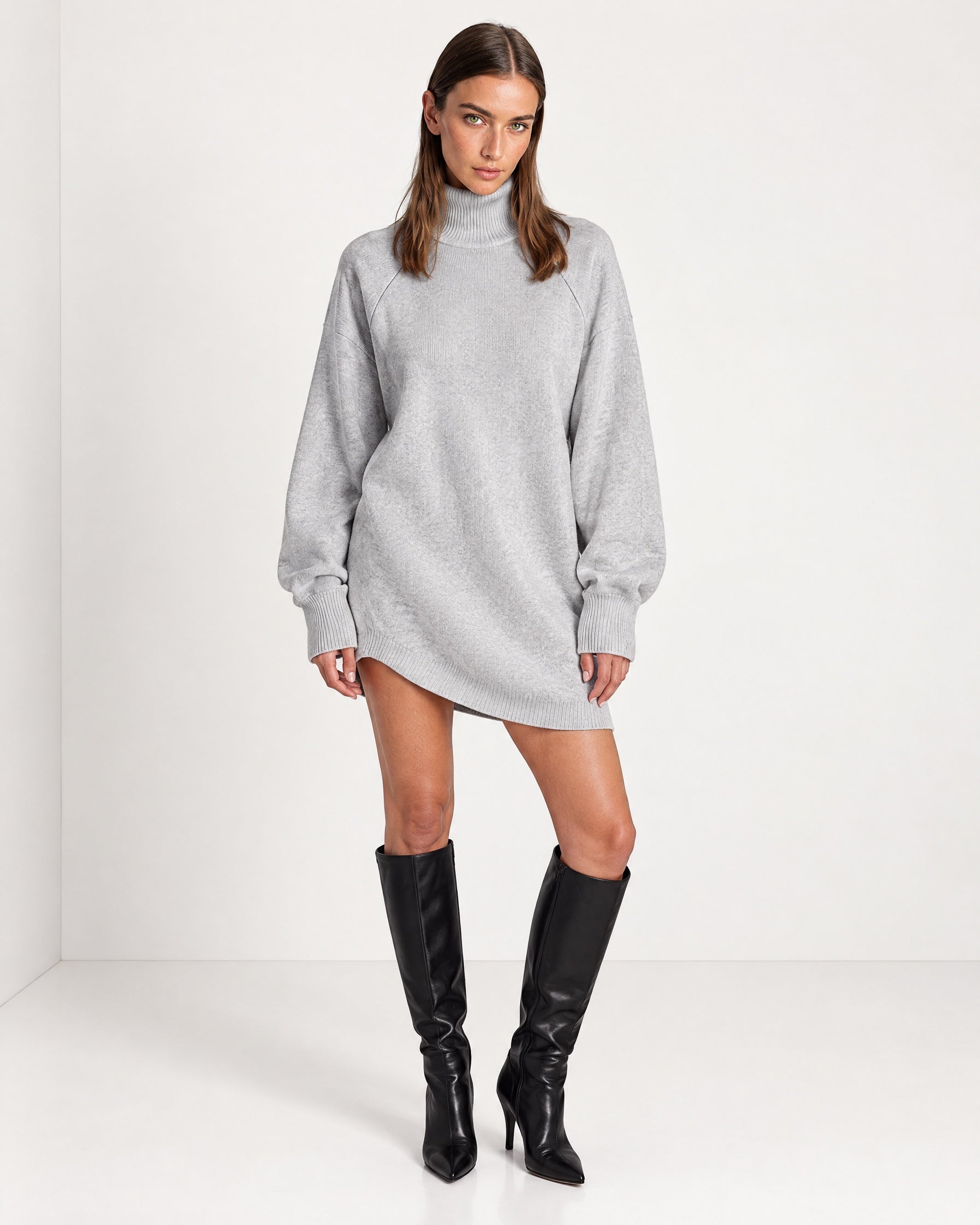 Grey Sweater Dress Oversized Turtleneck Knitted Jumper Dress for Winter