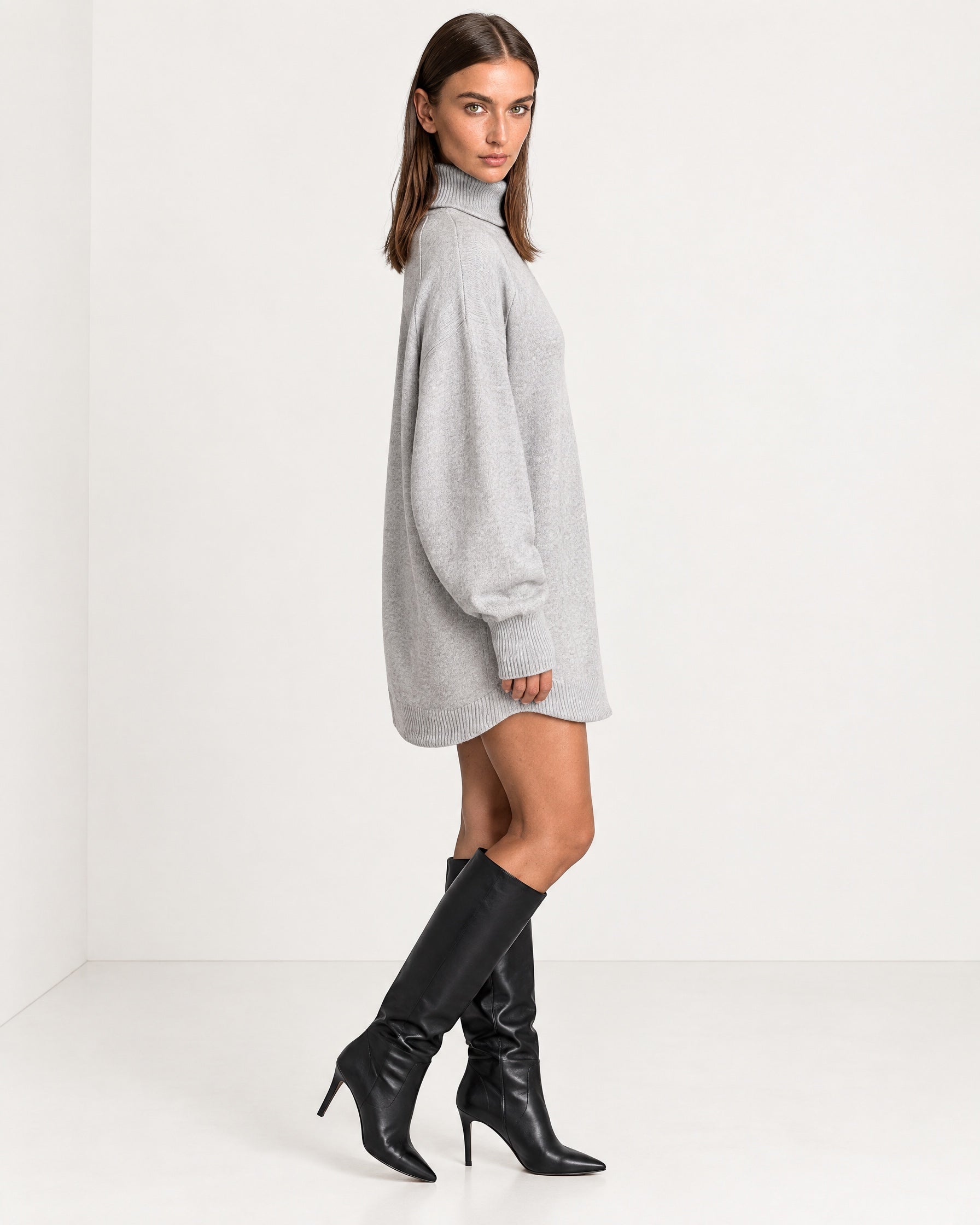 Grey Sweater Dress Oversized Turtleneck Knitted Jumper Dress for Winter