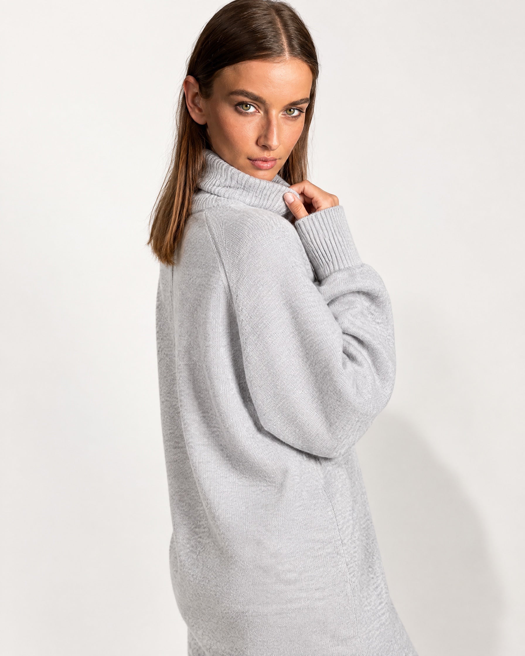 Grey Sweater Dress Oversized Turtleneck Knitted Jumper Dress for Winter