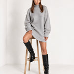 Grey Sweater Dress Oversized Turtleneck Knitted Jumper Dress for Winter