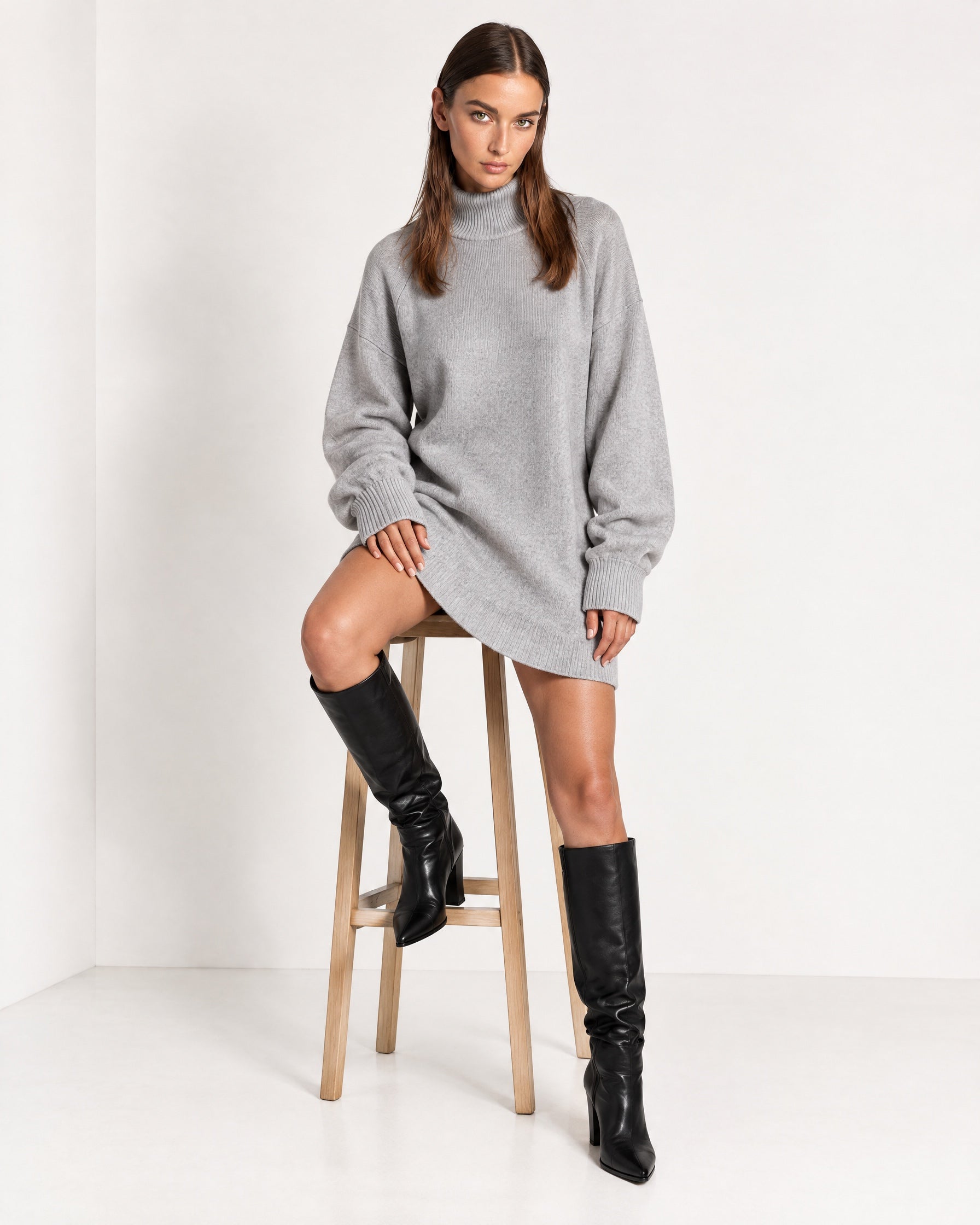 Grey Sweater Dress Oversized Turtleneck Knitted Jumper Dress for Winter