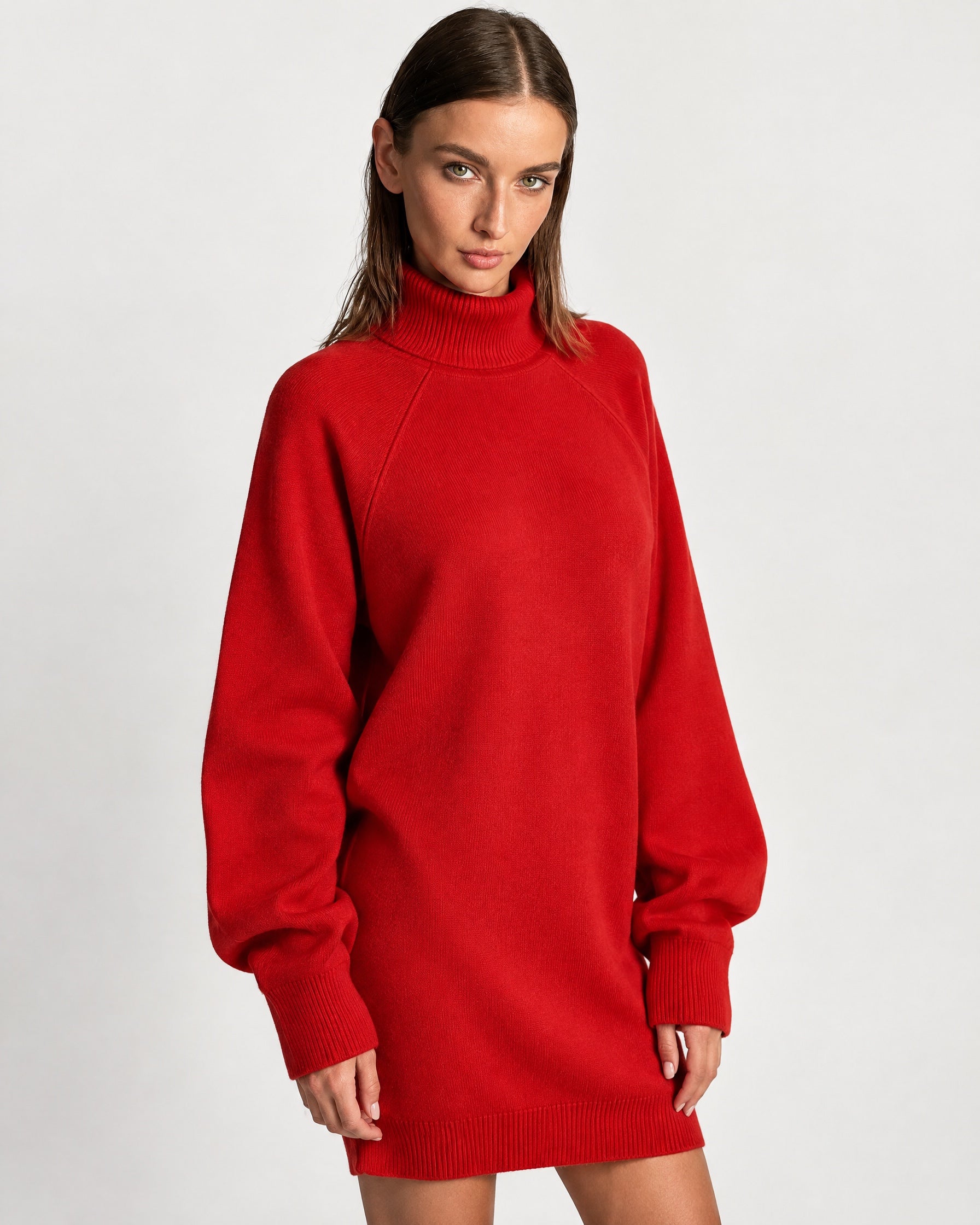 Red Sweater Dress Oversized Turtleneck Knitted Jumper Dress for Winter