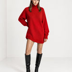 Red Sweater Dress Oversized Turtleneck Knitted Jumper Dress for Winter