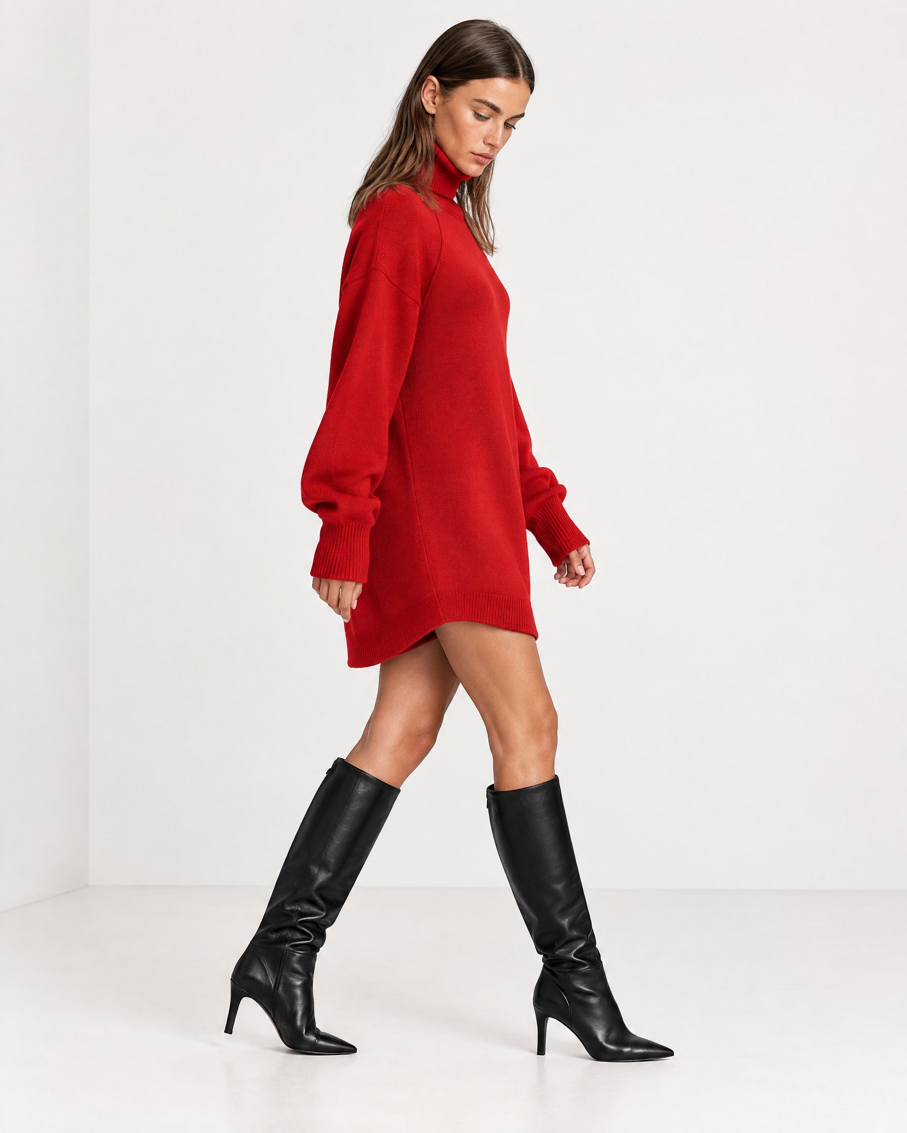 Red Sweater Dress Oversized Turtleneck Knitted Jumper Dress for Winter