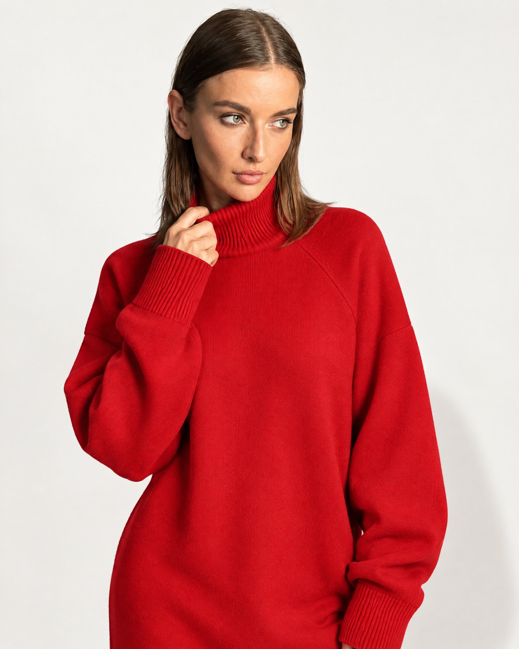 Red Sweater Dress Oversized Turtleneck Knitted Jumper Dress for Winter