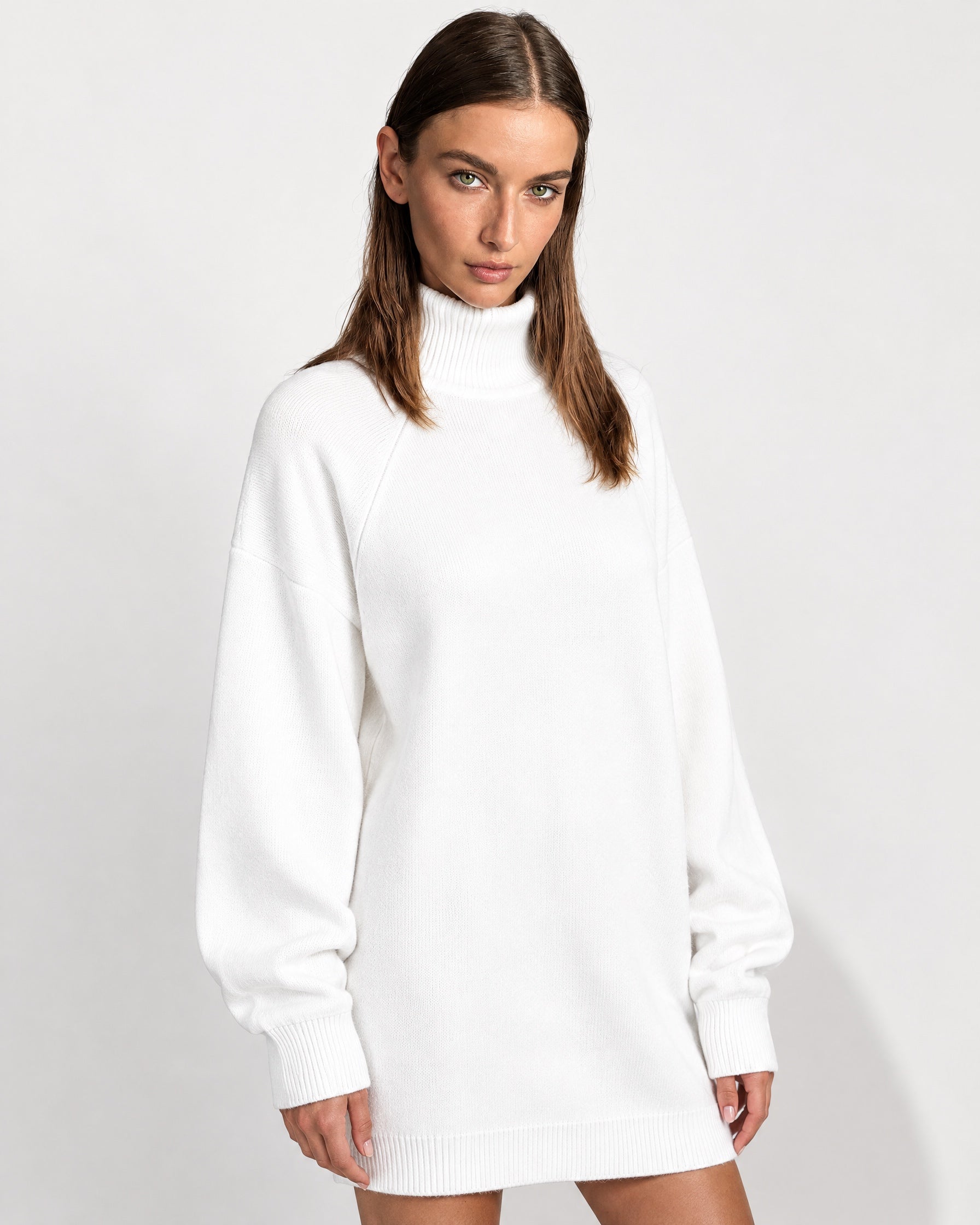 White Sweater Dress Oversized Turtleneck Knitted Jumper Dress for Winter