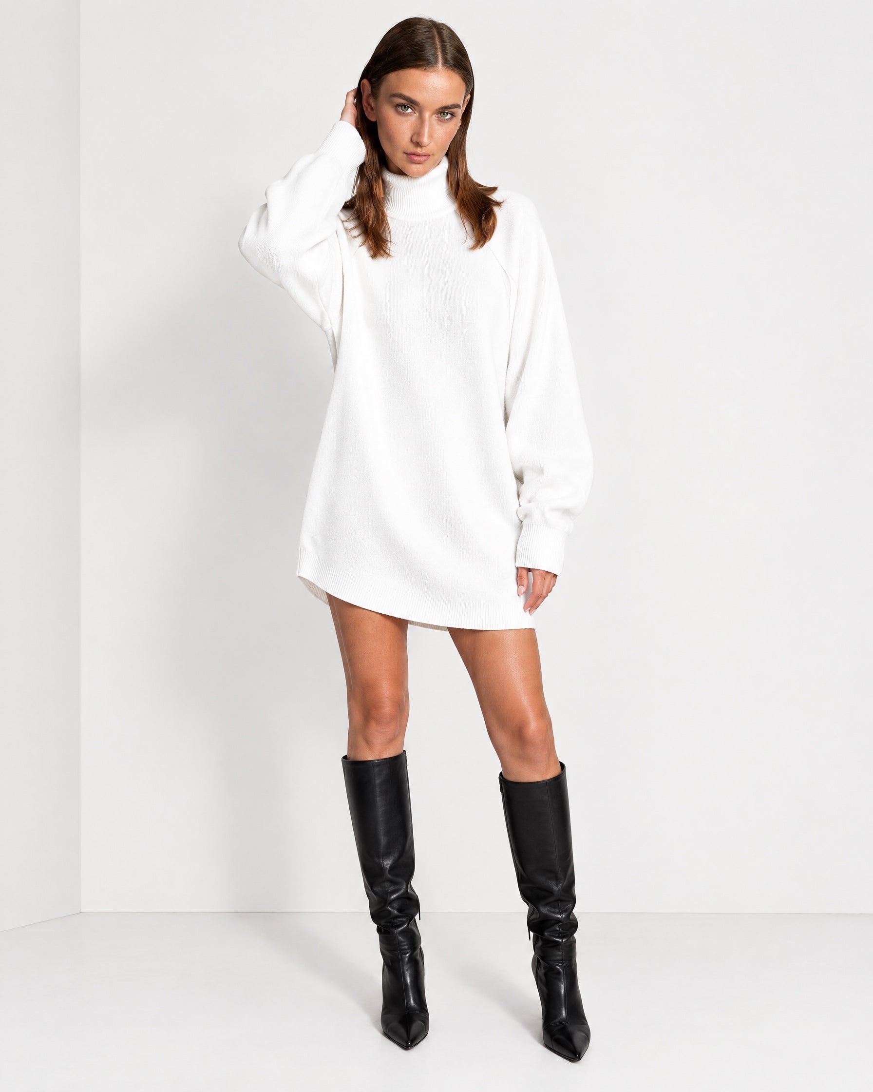 White Sweater Dress Oversized Turtleneck Knitted Jumper Dress for Winter