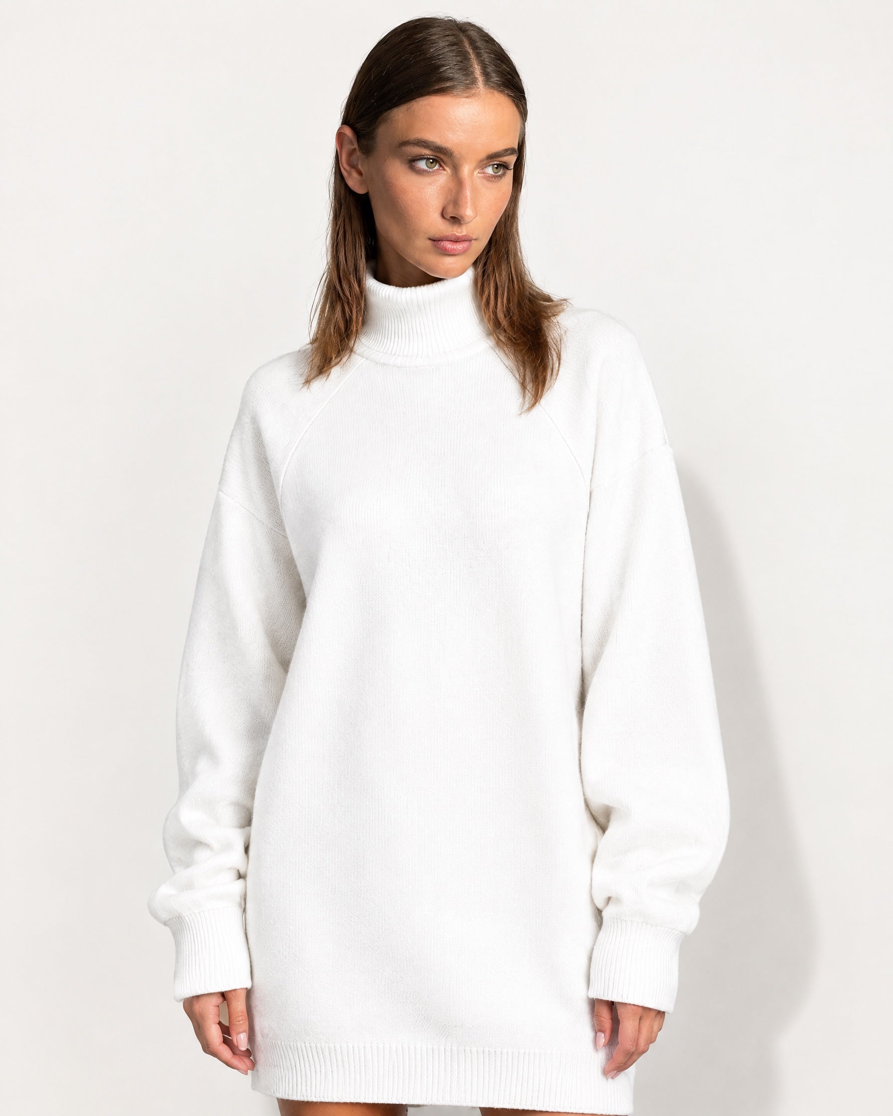 White Sweater Dress Oversized Turtleneck Knitted Jumper Dress for Winter