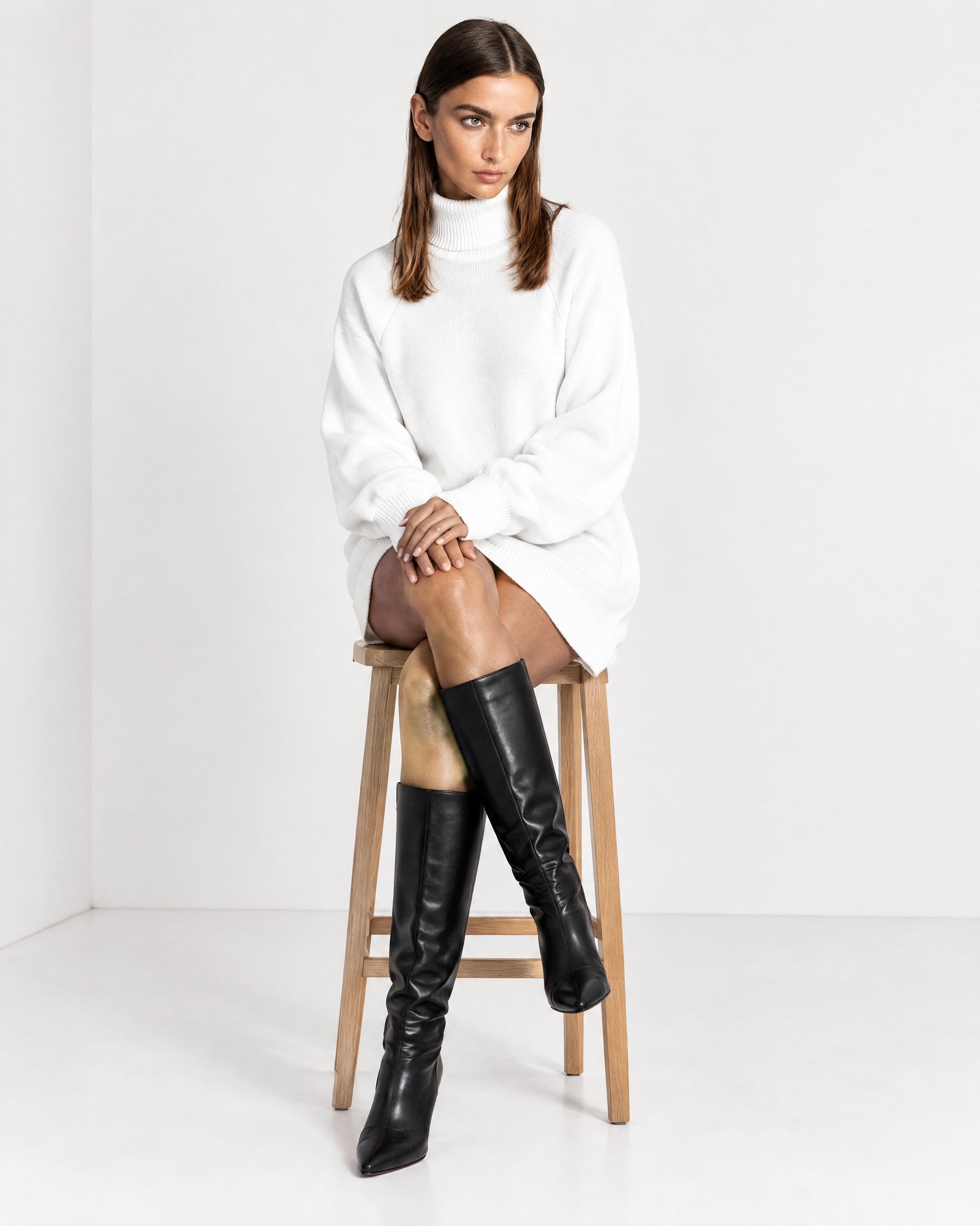White Sweater Dress Oversized Turtleneck Knitted Jumper Dress for Winter